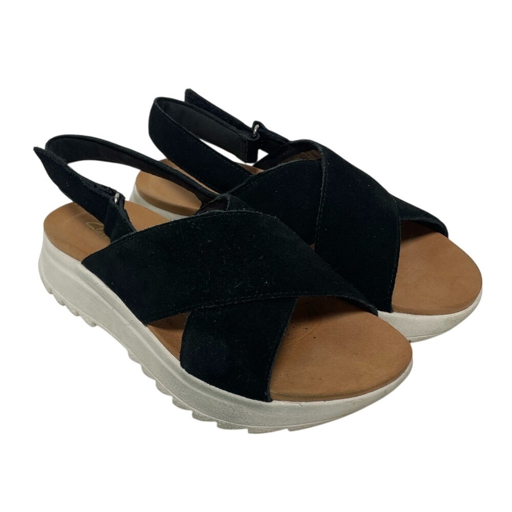 Clarks Black Suede Crisscross Slingback Platform Sandals